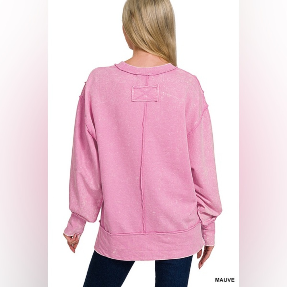 #050 Last 1! ACID WASH F/TERRY EXPOSED-SEAM SWEATSHIRT in Mauve - Picture 3 of 4
